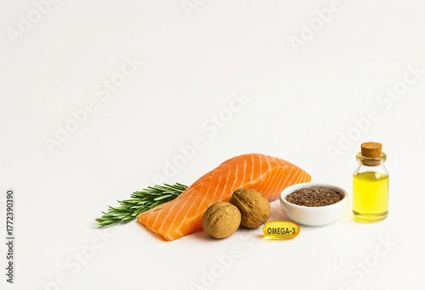 Obraz Sources of Omega-3 fatty acids — salmon, walnuts, flax seeds, oil, and capsule. Healthy food for heart, brain, and immunity on a white background.