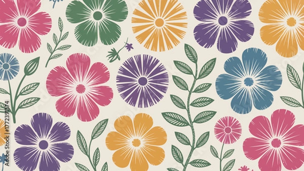 Fototapeta Colorful retro floral pattern with stems and leaves