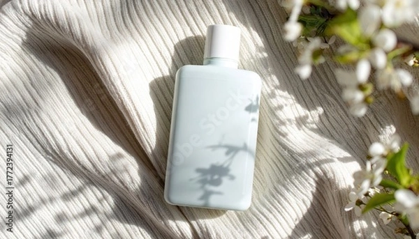 Fototapeta Light Blue Detergent Bottle on Knit Fabric with Soft Daylight