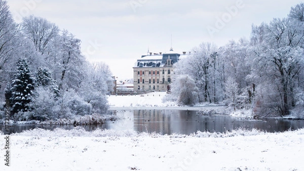 Fototapeta View of Pszczyna town, park and castle during a winter time