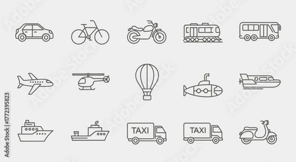 Fototapeta Collection of diverse transportation icons in a clean, simple outline style
