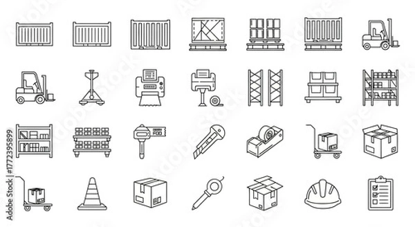 Fototapeta Warehouse equipment icons containers, forklifts, shelves, carts, boxes, and tools