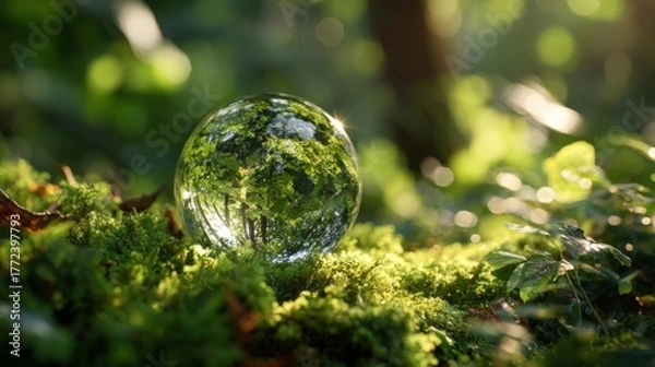 Obraz crystal-clear globe placed on moss-covered soil