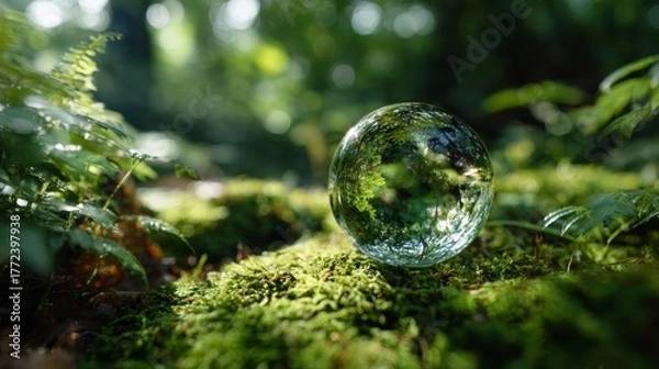 Fototapeta crystal-clear globe placed on moss-covered soil