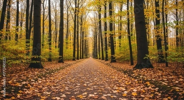 Obraz Autumn leaves cover path through forest with tall trees in the fall