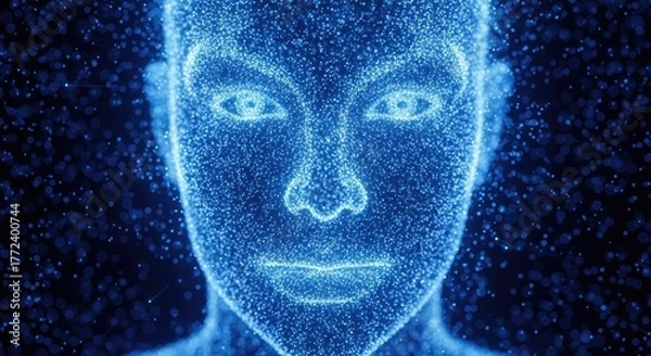 Obraz Abstract digital face formed from blue particles against a dark background