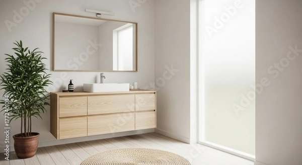 Obraz Modern bathroom interior with vanity mirror and plant in a pot view