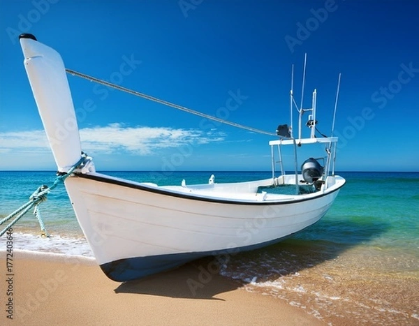 Fototapeta White boat on sandy beach