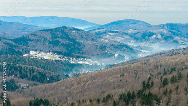Fototapeta A tranquil winter panorama of Beskid Mały in southern Poland, where snowy meadows meet evergreen forests and rolling mountain hills under a serene, cloud-streaked sky.