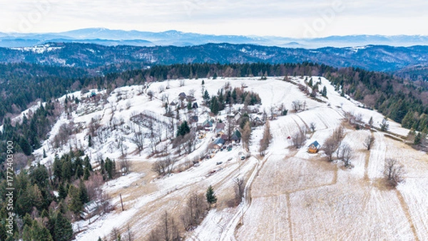 Obraz A tranquil winter panorama of Beskid Mały in southern Poland, where snowy meadows meet evergreen forests and rolling mountain hills under a serene, cloud-streaked sky.