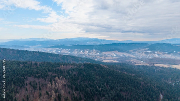 Fototapeta A tranquil winter panorama of Beskid Mały in southern Poland, where snowy meadows meet evergreen forests and rolling mountain hills under a serene, cloud-streaked sky.