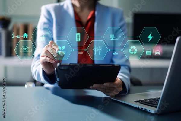 Fototapeta Woman using futuristic interface with smart tech and mobile to manage ESG, clean energy, and sustainability data.