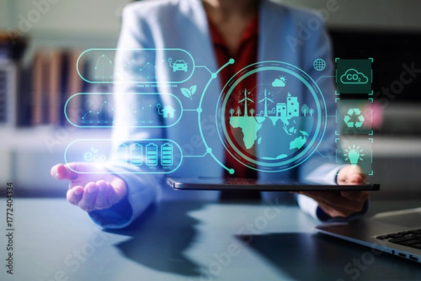 Fototapeta Woman using futuristic interface with smart tech and mobile to manage ESG, clean energy, and sustainability data.