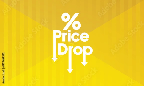 Fototapeta Stylised vector illustration featuring the words "Price Drop" with a downward-pointing arrow. Modern, flat style with a vibrant green background, suitable for promotions