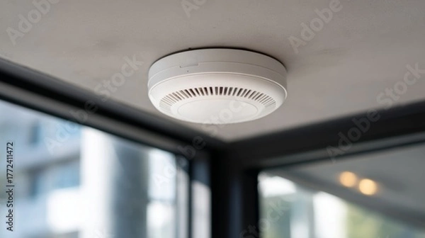 Obraz Modern Smoke Detector Installed on Ceiling in Contemporary Space with Natural Light and Clear Windows for Safety and Home Security