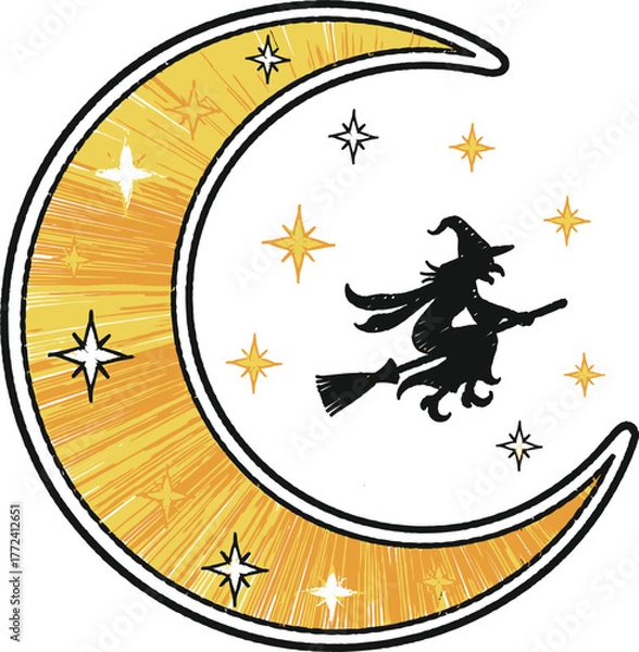 Obraz Magical witch rides broomstick across crescent moon surrounded by shimmering stars creating a mystical Halloween night scene