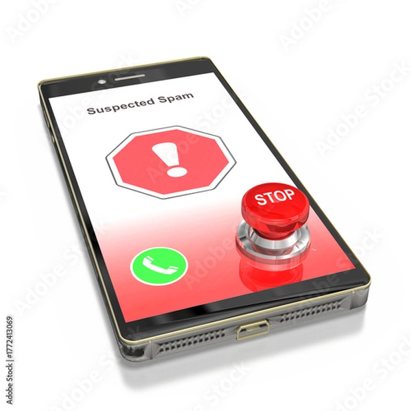 Fototapeta Smartphone mit Spam und Buzzer Stop zeigt Bildschirm eines unbekannten Anrufers oder Spamanruf auf transparenten Hintergrund, freigestellt