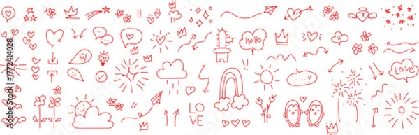 Fototapeta cute hand drawn doodle vector set, love, Natural , firework, cloud, weather, rainbow, snow, heart charming collection of hand-drawn doodles featuring hearts, clouds, rainbows, fireworks, and snow