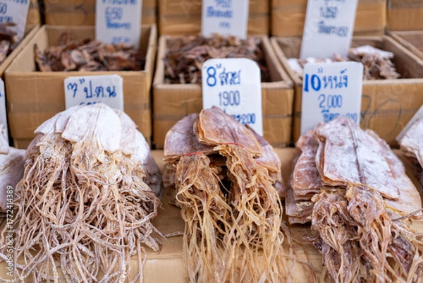Fototapeta Various dried seafood for sale at market stall in Bangkok, Thailand