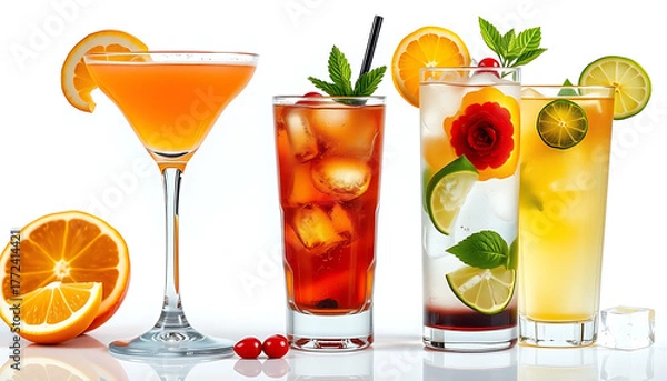 Fototapeta Assortment of colorful cocktails garnished with citrus fruits and herbs perfect for summer parties and drink menus