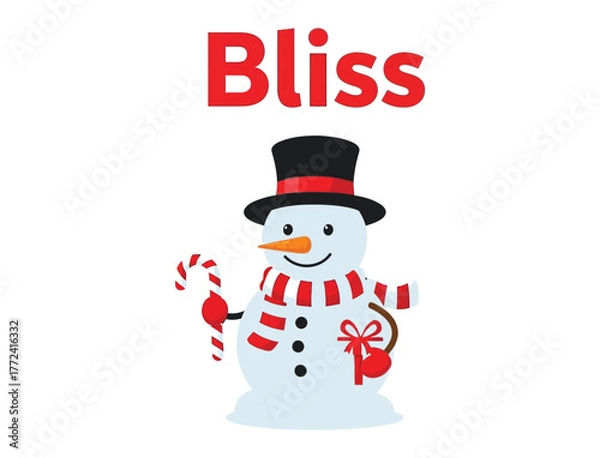 Fototapeta A happy snowman wearing a top hat and scarf holds a candy cane.