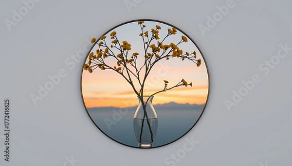 Obraz Floral arrangement in a glass vase against a sunset backdrop creating a serene and artistic composition ideal for home decor and wall art
