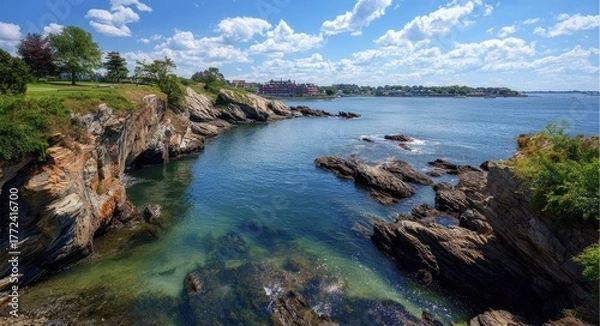 Fototapeta Scenic Panorama of Cliff Walk Newport, RI: A Breathtaking View of Water, Cityscape, and Nature Under a Vast Sky