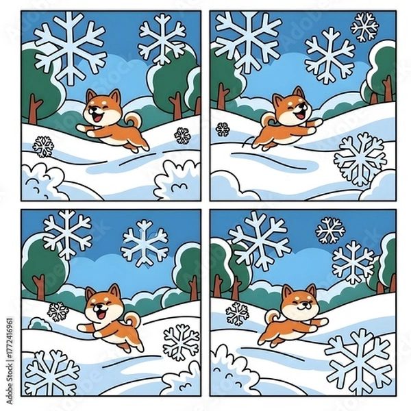 Fototapeta A Cute Shiba Inu Dog Running in Winter Snow