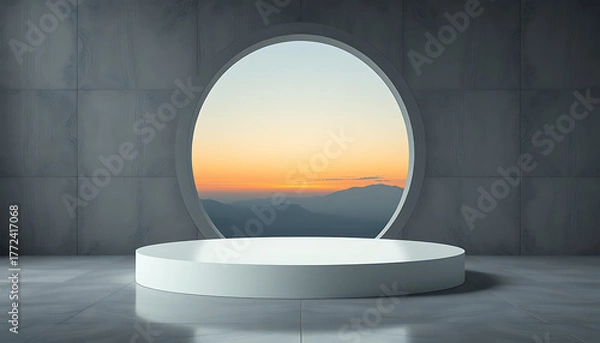 Fototapeta Minimalist white podium with a round window overlooking a mountain sunset product display presentation background