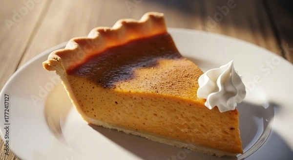 Fototapeta A delectable slice of pumpkin pie with whipped cream on a rustic wooden table ready to enjoy