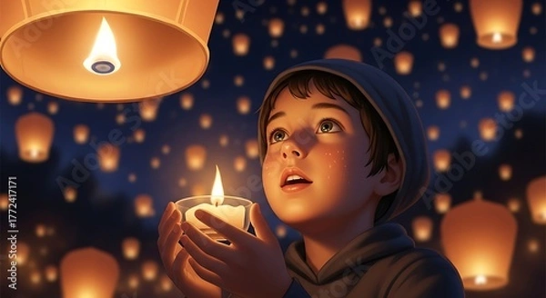 Fototapeta A Boy's Wish Gazing at Lanterns Under a Starry Sky Filled with Hope and Wonder