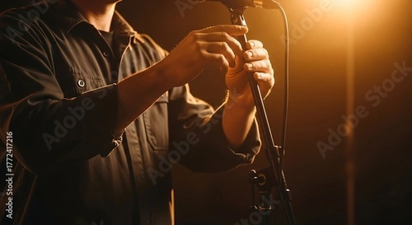 Obraz A musician preparing for performance adjusting a microphone stand under warm lighting