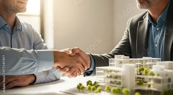 Fototapeta Architectural collaboration: A handshake sealing the future of innovative design