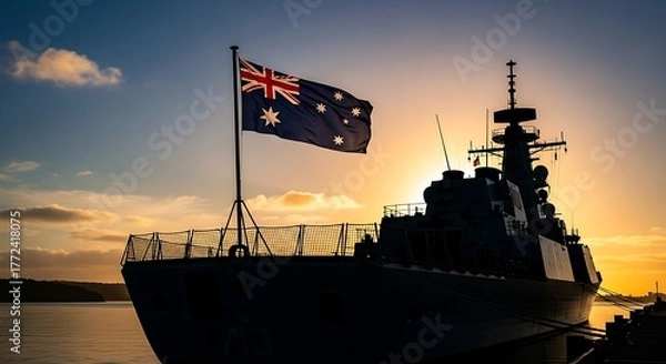 Fototapeta Australian naval vessel silhouetted against a vibrant sunset enhancing patriotic appeal showcasing