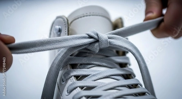 Fototapeta Close-up image depicting the action of tying the laces of a white figure skate