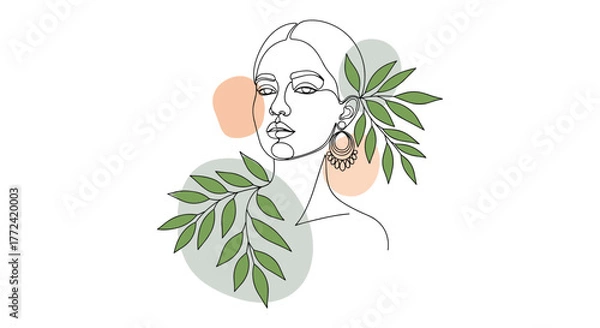 Fototapeta Elegant Line Art Portrait with Botanical Accents and Decorative Background Elements, Suitable for Wall Decor and Artistic Designs.