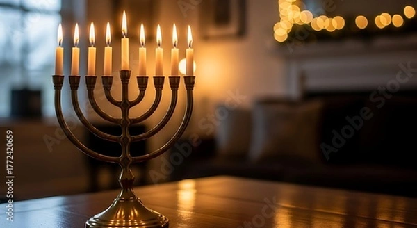 Fototapeta Hanukkah menorah with glowing candles celebrating the festival of lights and joy