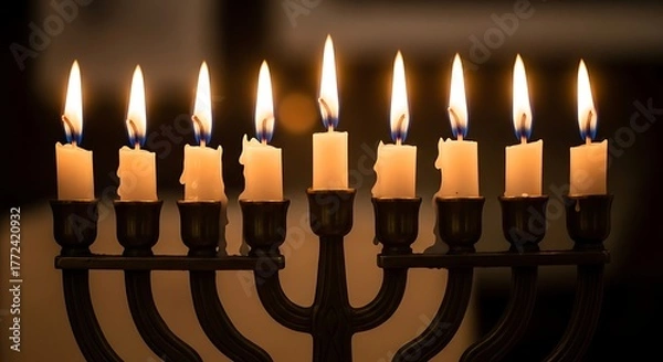 Fototapeta Illuminating Tradition: A Close-Up of a Lit Hanukkah Menorah Celebrating the Festival of Lights