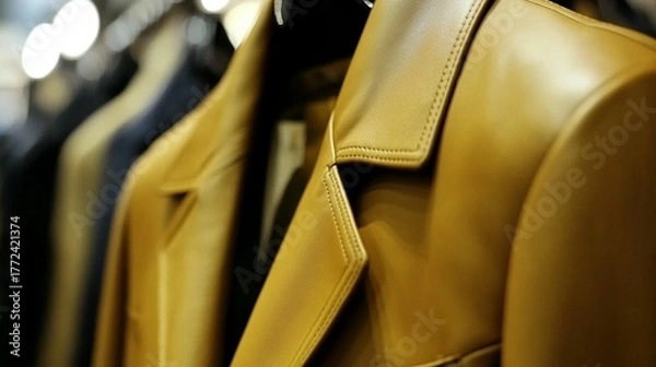Obraz Elegant mustard leather jacket displaying exquisite craftsmanship and fine stitching detail on a