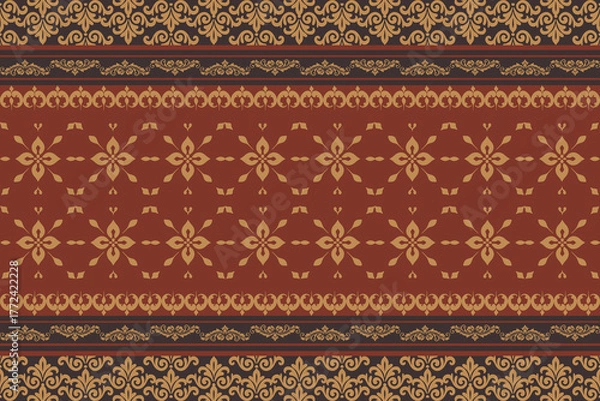 Obraz Vintage brown damask vector illustration of a seamless Thai style floral art pattern for retro textile fabric design and antique paper decoration