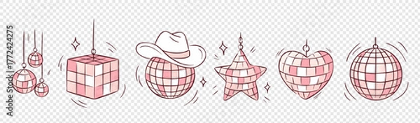 Obraz A disco ball vector set with pink cowgirl hat, heart and star mirrors drawn in a whimsical retro. A cowgirl disco illustration for a bachelorette party, vintage dance club aesthetic design.