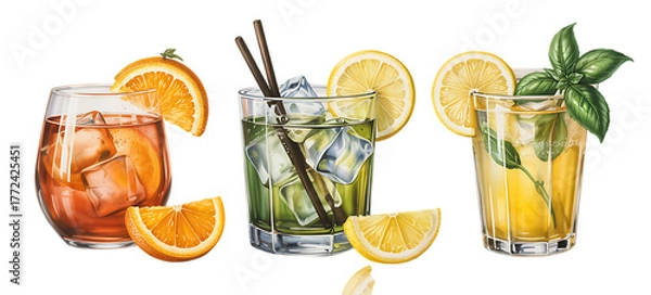 Fototapeta Refreshing Cocktails With Fruit Garnish And Ice Isolated On Transparent Background