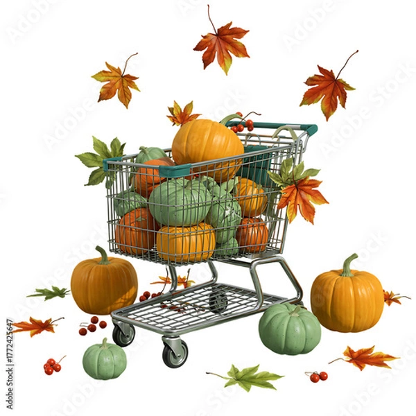 Fototapeta Shopping Cart Overflowing With Autumn Pumpkins And Fall Leaves Isolated On Transparent Background