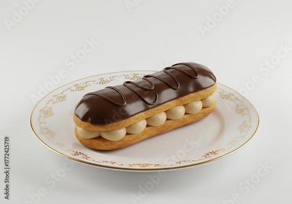 Obraz Delicious chocolate eclair on a plate against a plain background