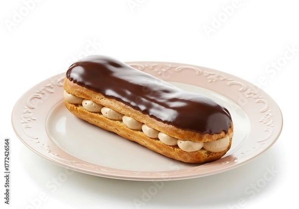 Obraz Delicious chocolate eclair on plate isolated on white background