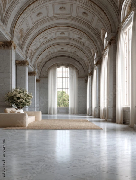 Fototapeta Elegant marble hall with arched ceiling, tall windows, soft natural light, cream sofa, and floral arrangement create serene luxury interior