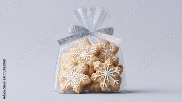 Obraz Delicious snowflake-shaped cookies packaged in a clear bag ready for winter celebrations