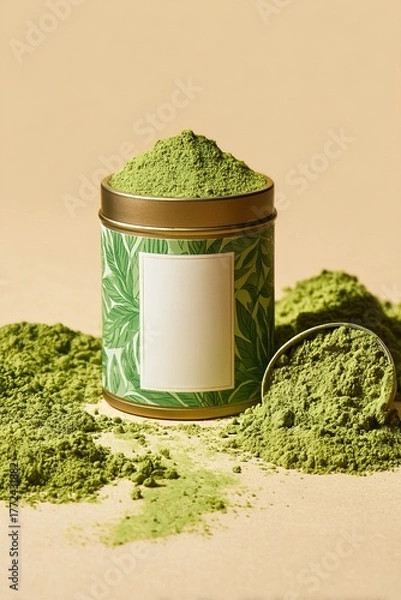 Obraz Matcha green tea powder in tin container with scoop