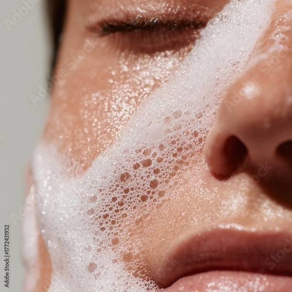 Fototapeta Person washing face with foaming cleanser bubbles