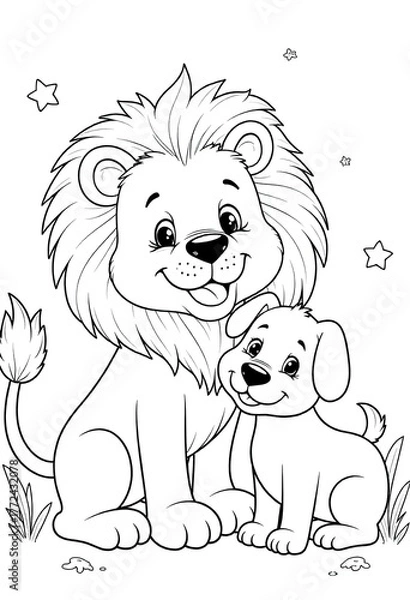 Obraz magical cute lion and small puppy in white and back background